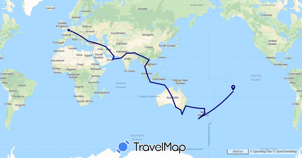 TravelMap itinerary: driving in Australia, Belgium, Bhutan, Indonesia, India, New Zealand, Thailand, Vietnam (Asia, Europe, Oceania)